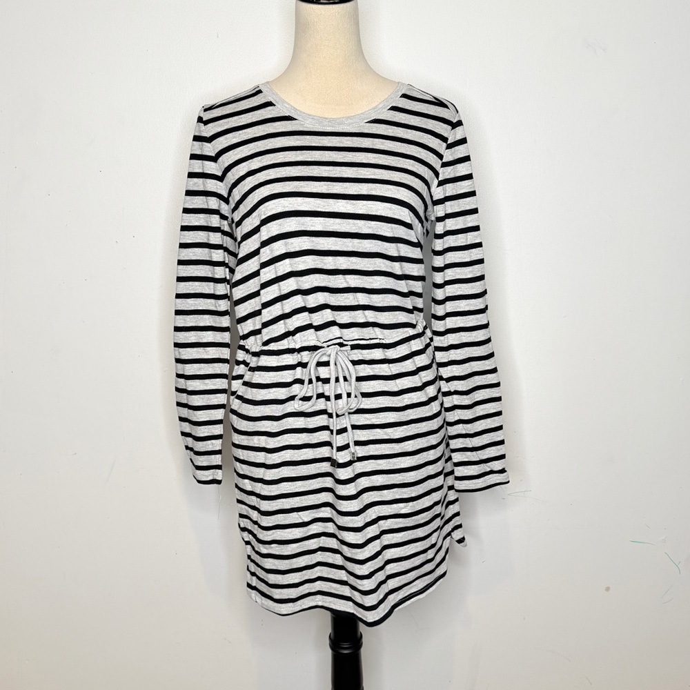 Merona Black Gray Striped Sweatshirt Dress Drawstring Cozy Casual Size S
